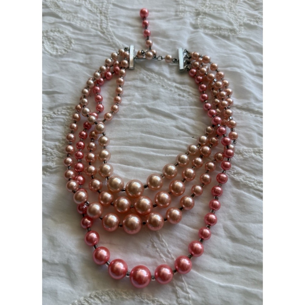 Vintage Japan 4 Strand Faux Pearl Necklace Baby Pink Bubblegum Pink Ombre MCM